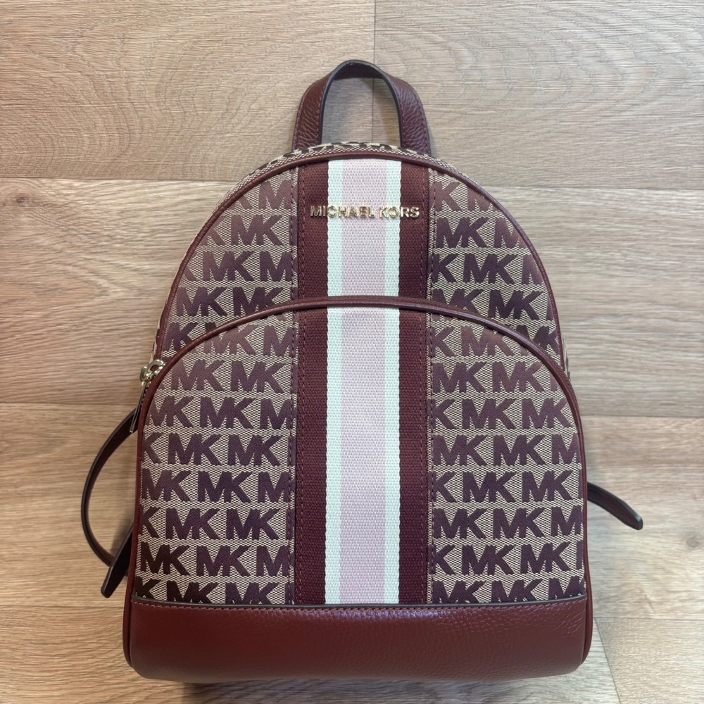 Michael Kors Abbey Medium Backpack Oxblood Logo Canvas Leather 35F9GAYB6J